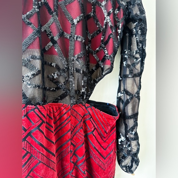 Figure Skating/Dance Unitard One Sleeve Spandex Velvet- Red/Black - Cut Out Side - Picture 2 of 8